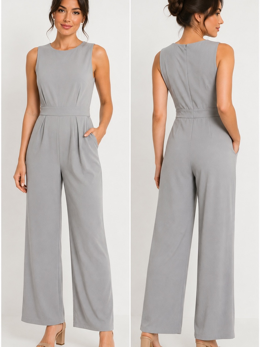 NWOT HALARA Light Gray‎ Sleeveless Jumpsuit pleated Wide Leg